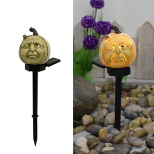SM24202 Halloween Pumpkin Globe Resin Statue Solar Stake Light with Rock_Stone Base