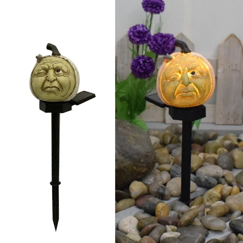 SM24202 Halloween Pumpkin Globe Resin Statue Solar Stake Light with Rock_Stone Base