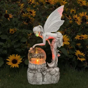 SM24251 Fee aus Kunstharz mit Glaskugel, freistehende dekorative Garten-Solarstatue