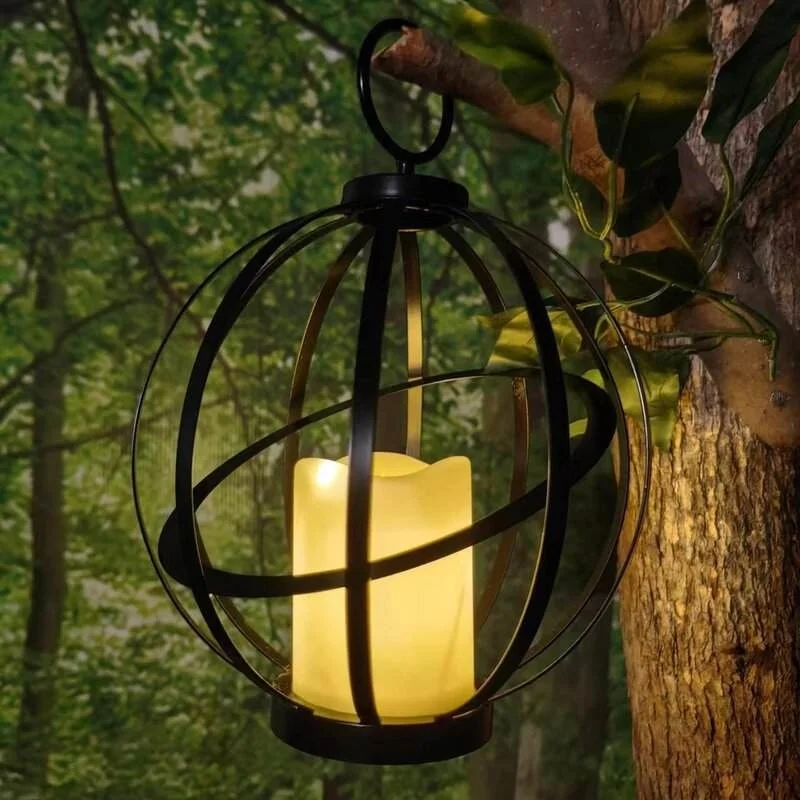 SM24293 Black Glossy Ornate Plastic PP Solar Hanging Lantern with Chain, Medium Size