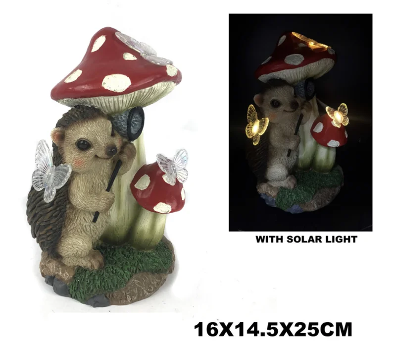SM24307 Resin Statue - Hedgehog Catching Butterfly Under Mushroom Freestanding Light Animal