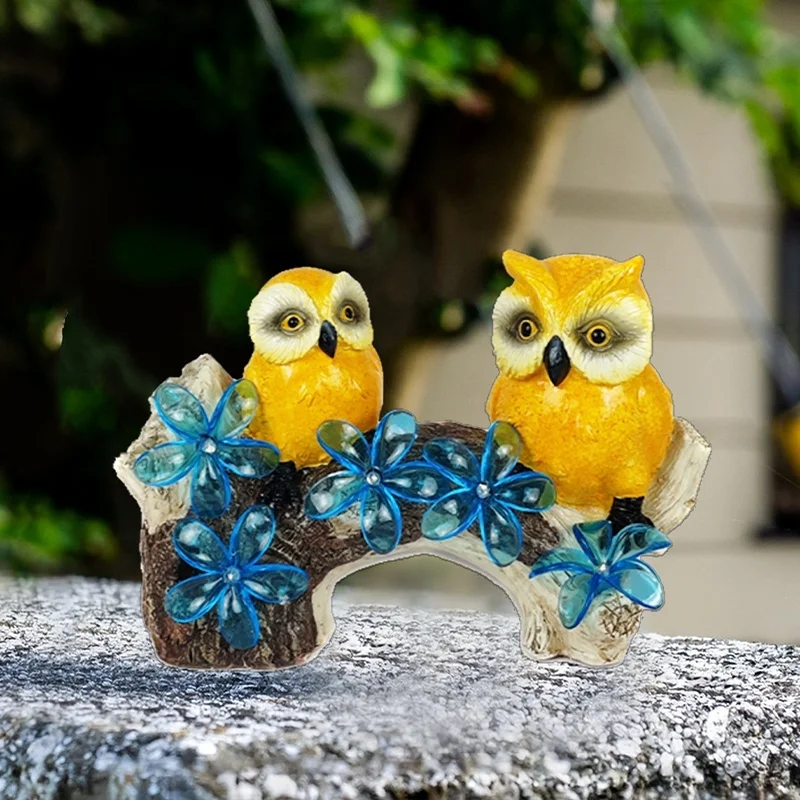 SM24309 Resin Statue - Solar Owl Bird on Branch Freestanding Light Animal