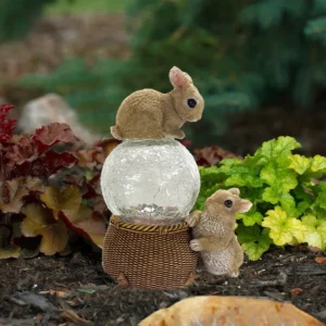 SM24311 Solar Lighted Crackle Resin Bunny Statue - Freestanding Rabbit Animal