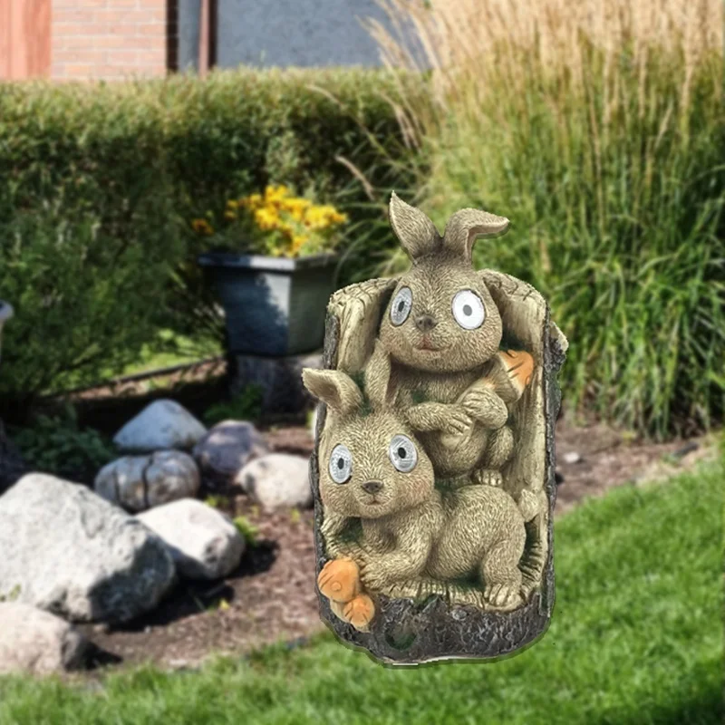 SM24312 Solar Bunny Resin Statue Garden Ornament Freestanding Rabbit Light