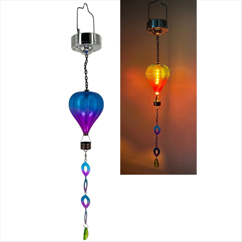 sm24376 ps plastic + metal iron hot air balloon solar hanging wind chime