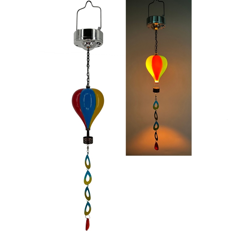 sm24376 ps plastic + metal iron hot air balloon solar hanging wind chime