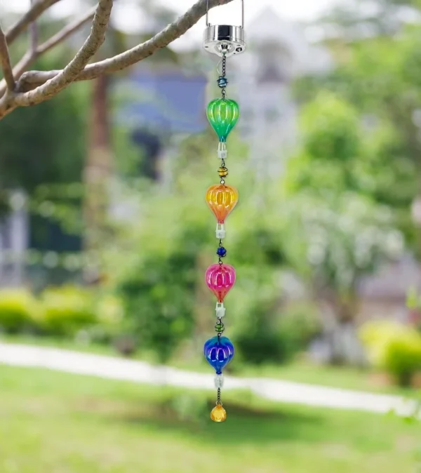 SM24378 Black Mini Textured Ornate Metal Iron + Plastic PS Hot Air Balloon Solar Hanging Wind Chime with Stand
