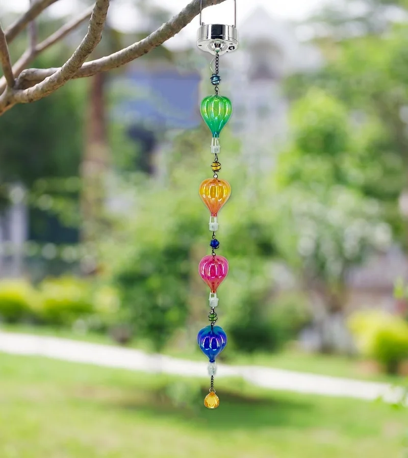 SM24378 Black Mini Textured Ornate Metal Iron + Plastic PS Hot Air Balloon Solar Hanging Wind Chime with Stand