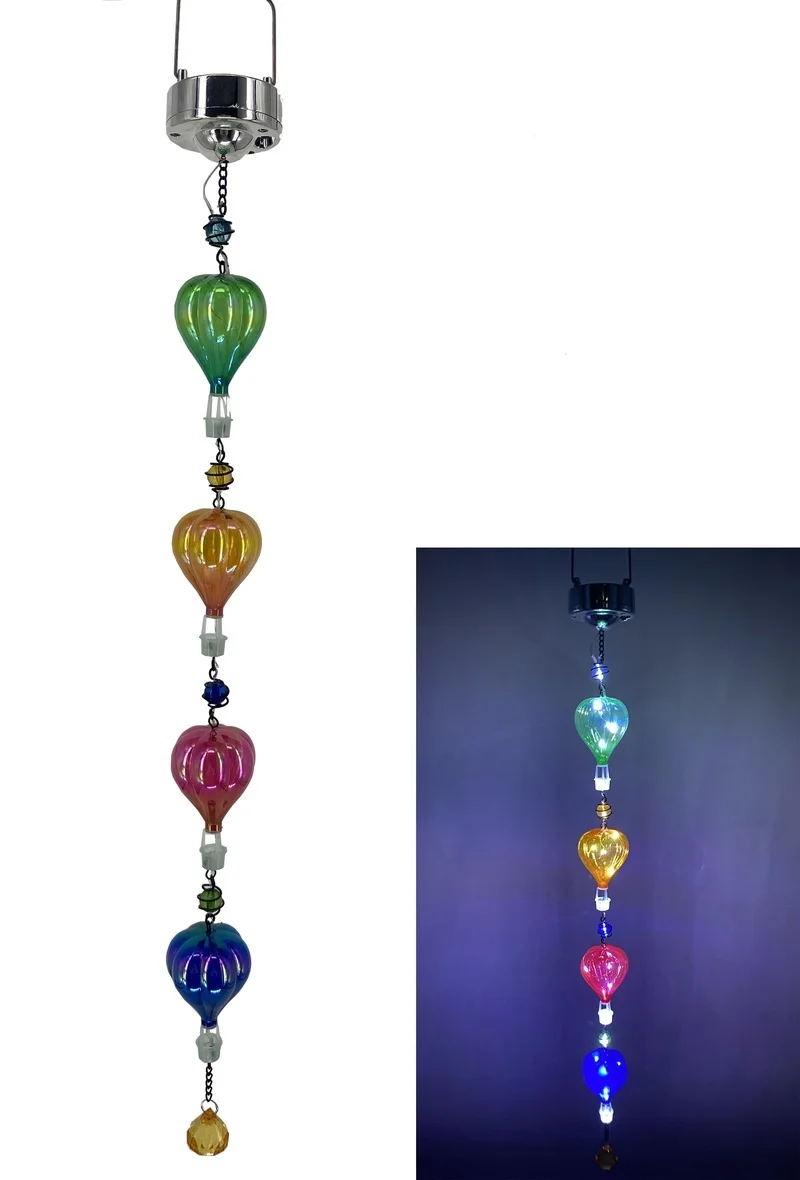 SM24378 Black Mini Textured Ornate Metal Iron + Plastic PS Hot Air Balloon Solar Hanging Wind Chime with Stand_2
