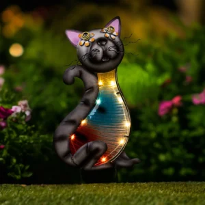 SM24382 Solar Cat Tabletop Light, Metal Iron + Glass, 10 LED Animal Lamp