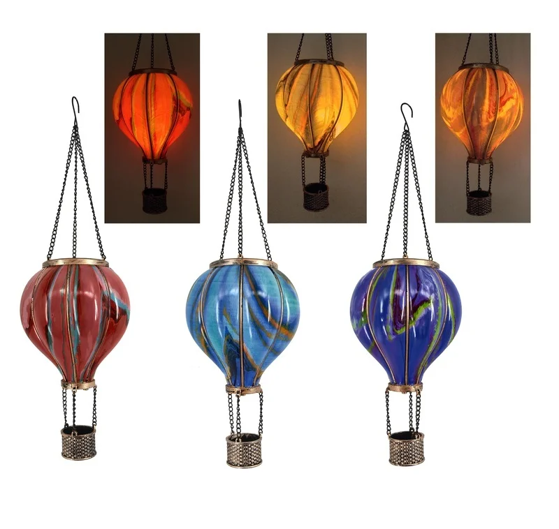SM24392 Plastic PP Hot Air Balloon Solar Lantern with Flickering Flame Hanging Light