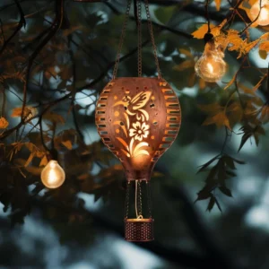 SM24394 Plastic PP Solar Hot Air Balloon Lantern with Flickering Flame, Hanging Decorative Light in Blue and Green Glossy Finish with Chain