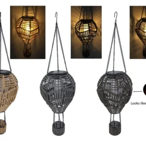 SM24395 Plastic PP Solar Rattan Hot Air Balloon Lantern with Flickering Flame Hanging Light