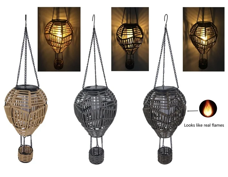 SM24395 Plastic PP Solar Rattan Hot Air Balloon Lantern with Flickering Flame Hanging Light