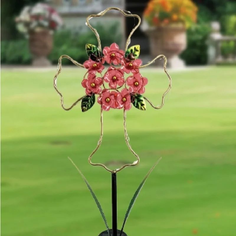 SM24409 Metal Iron + Plastic PS Cross Garden Solar Stake Light with Pink Flowers, Decorative