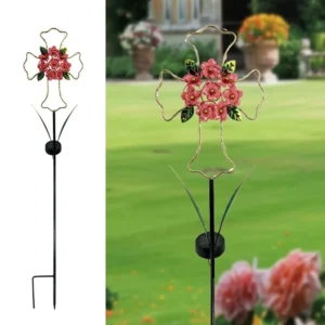 SM24409 Metal Iron + Plastic PS Cross Garden Solar Stake Light with Pink Flowers, Decorative_2