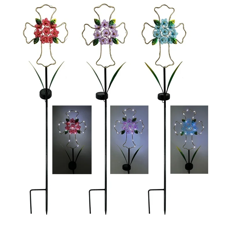 SM24409 Metal Iron + Plastic PS Cross Garden Solar Stake Light with Pink Flowers, Decorative_3