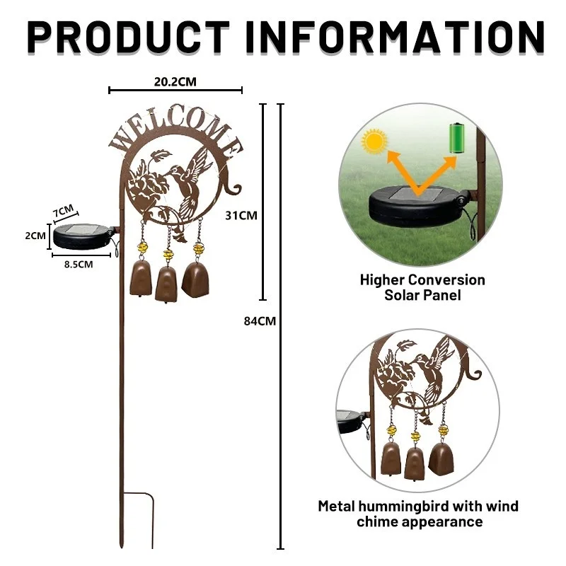 SM24420 Solar Stake Light with Windchime - Plastic PP Metal Iron Hummingbird Bird Animal_2