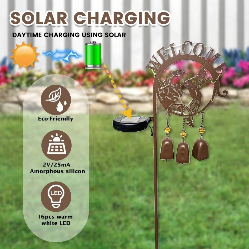 SM24420 Solar Stake Light with Windchime - Plastic PP Metal Iron Hummingbird Bird Animal_5