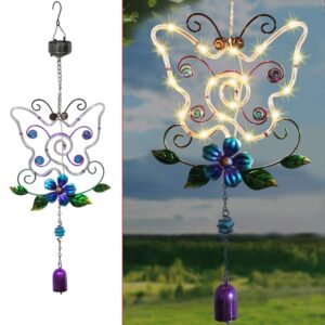 SM24422 Hängendes Windspiel aus Metall mit Schmetterlingsmotiv, Solarleuchte und Blumendekor