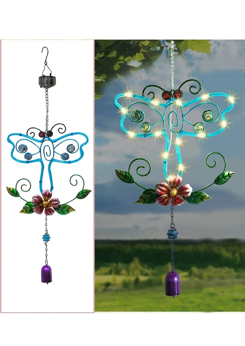 SM24423 Plastic PP Solar Dragonfly Animal Hanging Windchime Light