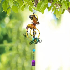 SM24424 Plastic PP Solar Butterfly Wind Chime Hanging Light with Animal Butterfly, Blue and Purple Flowers, and Bell