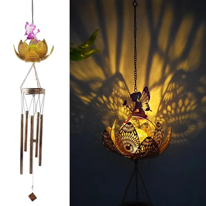 SM24432 Large Ornate Bronze Plastic PP Angel Windchime Solar Hanging Light with Chain