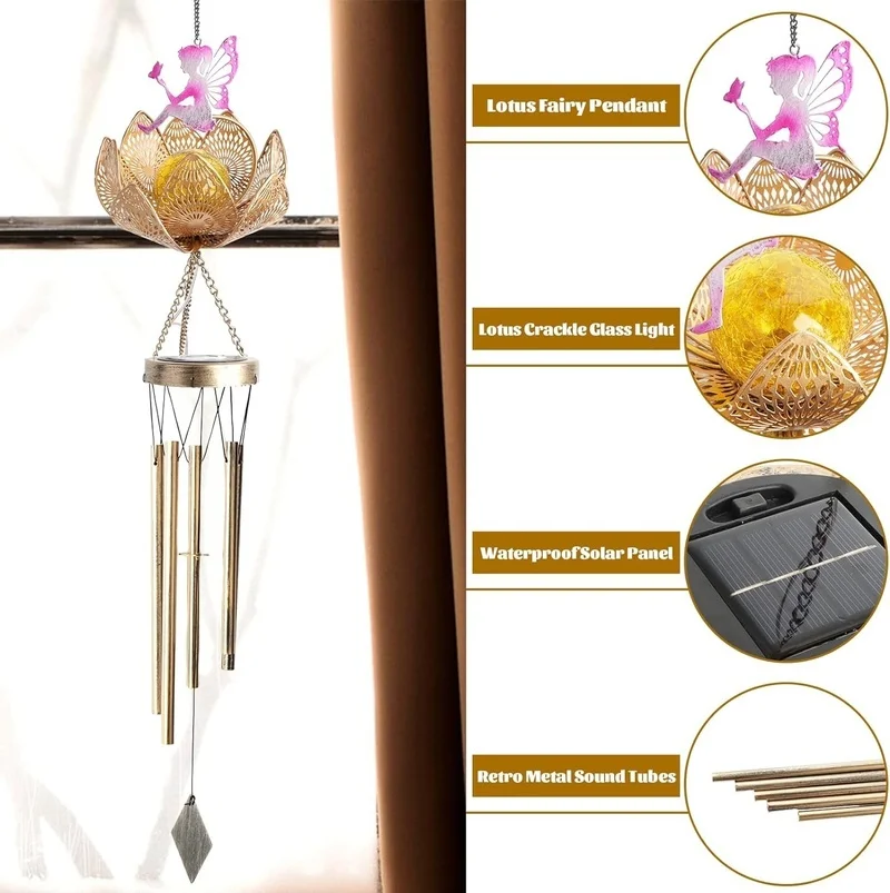 SM24432 Large Ornate Bronze Plastic PP Angel Windchime Solar Hanging Light with Chain_3