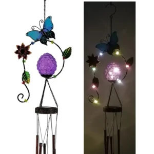SM24437 Glass Butterfly Wind Chime Solar Hanging Light with Metal Iron Animal Design