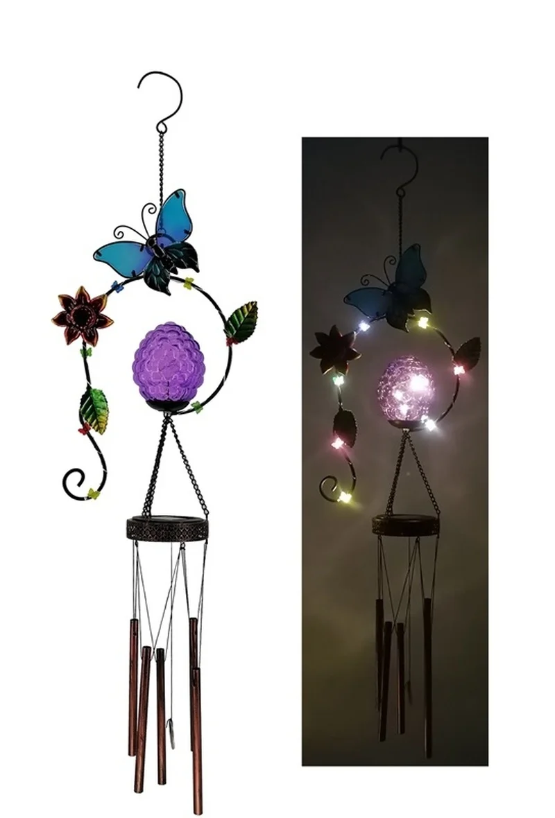 SM24437 Glass Butterfly Wind Chime Solar Hanging Light with Metal Iron Animal Design