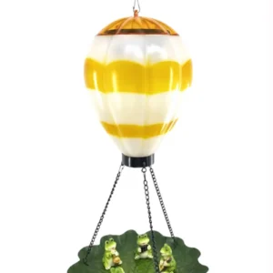 SM24457 Resin Statue Hot Air Balloon Solar Hanging Light with Bird Feeder, Green and White Decorative Small Animal Design with Chain