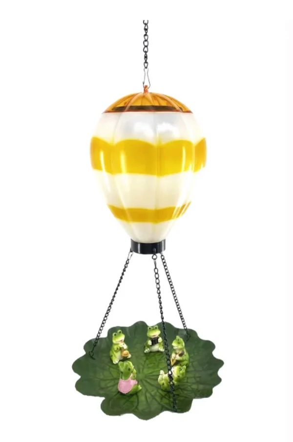 SM24457 Resin Statue Hot Air Balloon Solar Hanging Light with Bird Feeder, Green and White Decorative Small Animal Design with Chain
