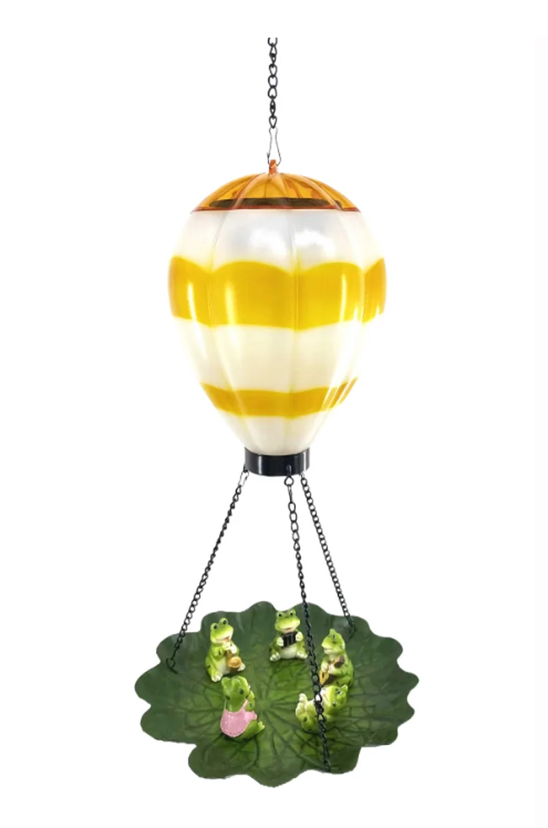 SM24457 Resin Statue Hot Air Balloon Solar Hanging Light with Bird Feeder, Green and White Decorative Small Animal Design with Chain