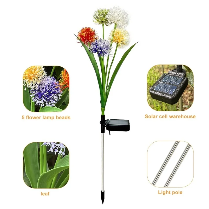 SM24524 Large Solar-Powered Decorative Plastic PP Dandelion Flower Stake Light - Green & Purple_4
