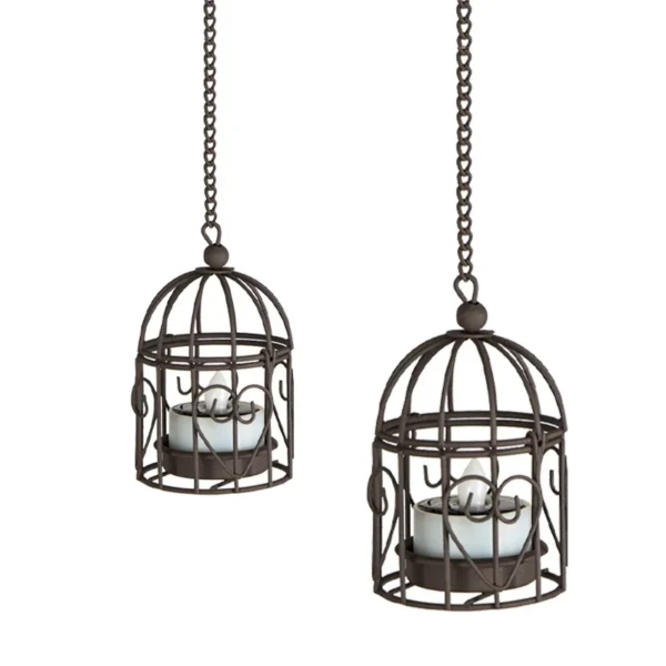SM24566 Set of 2 Metal Iron Bird Cage Solar Lantern Candlestick Hanging Lights with Animal Design