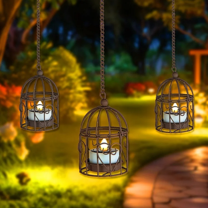 SM24566 Set of 2 Metal Iron Bird Cage Solar Lantern Candlestick Hanging Lights with Animal Design_2