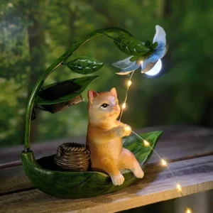 SM24590 Garden Decorative Freestanding Light Resin Statue - Animal Cat with Leaf, Flower, Lily, Globe, and Basket