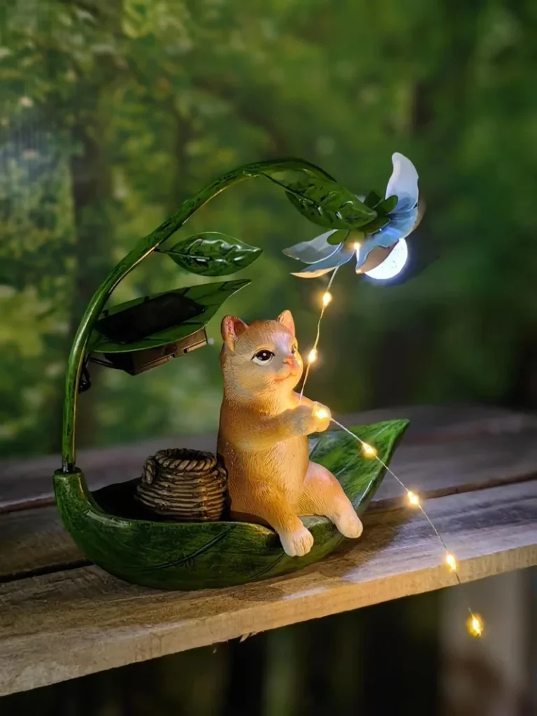 SM24590 Garden Decorative Freestanding Light Resin Statue - Animal Cat with Leaf, Flower, Lily, Globe, and Basket