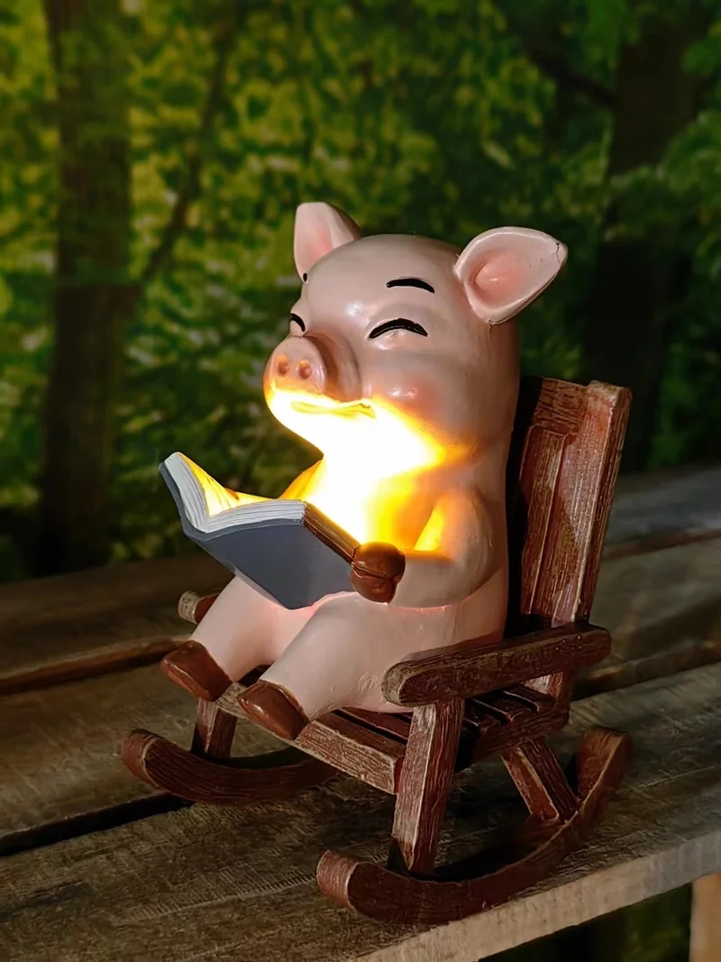 SM24592 Solar Resin Statue - Pig Sitting on Chair Freestanding Animal Light_2