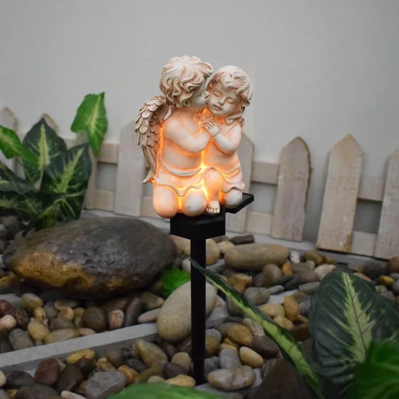 SM24599 Solar Stake Light Resin Statue of Little Angel Couple