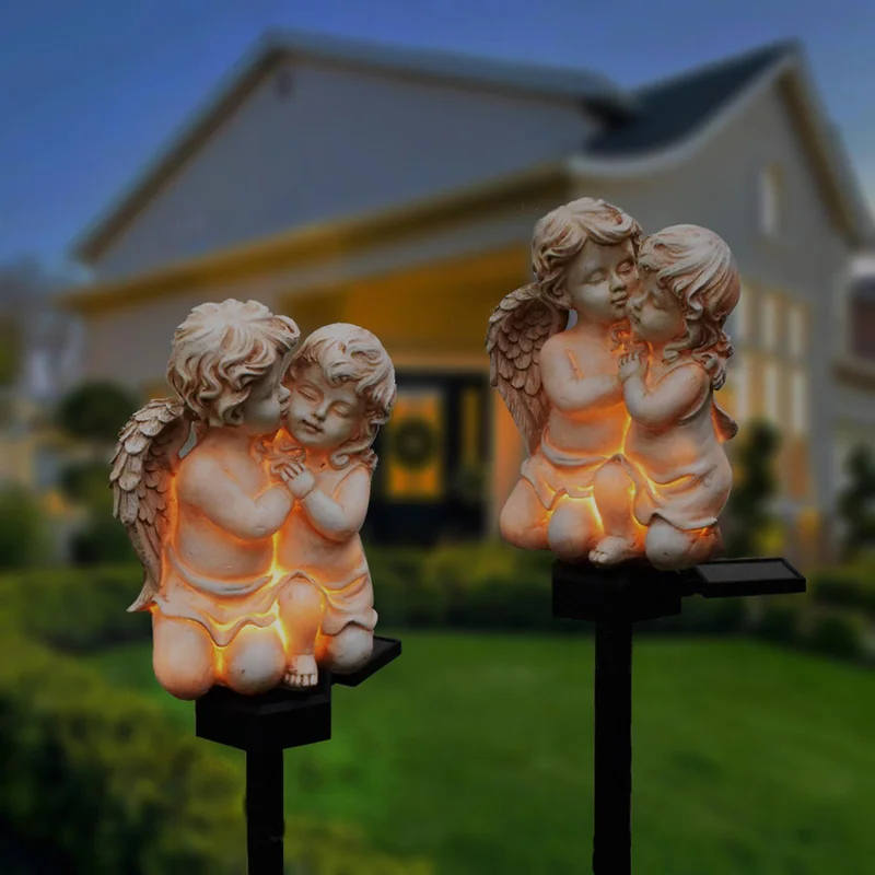 SM24599 Solar Stake Light Resin Statue of Little Angel Couple_4
