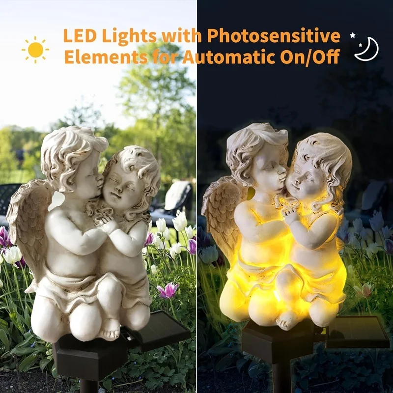 SM24599 Solar Stake Light Resin Statue of Little Angel Couple_5