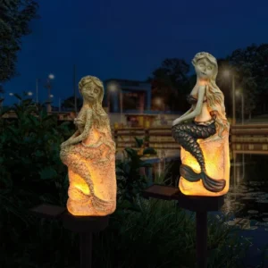 SM24602 Solar Stake Light Resin Statue - Mermaid Sitting on Nautical Rock Stone