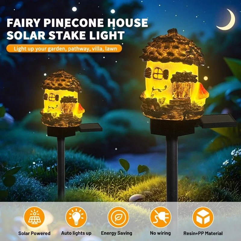 SM24620 Large Bronze Resin Fairy Pinecone House Solar Stake Light with Stand, Decorative_8_20251010_142404
