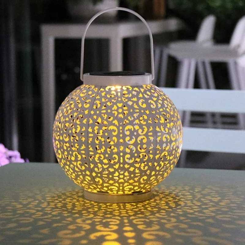 SM24666 Metal-iron White Hollow-Out Solar Lantern - Hanging or Tabletop Use