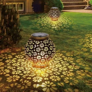 SM24669 Metal-iron Bronze Daisy Flower Hollow-Out Solar Lantern — Hanging or Tabletop Use_5