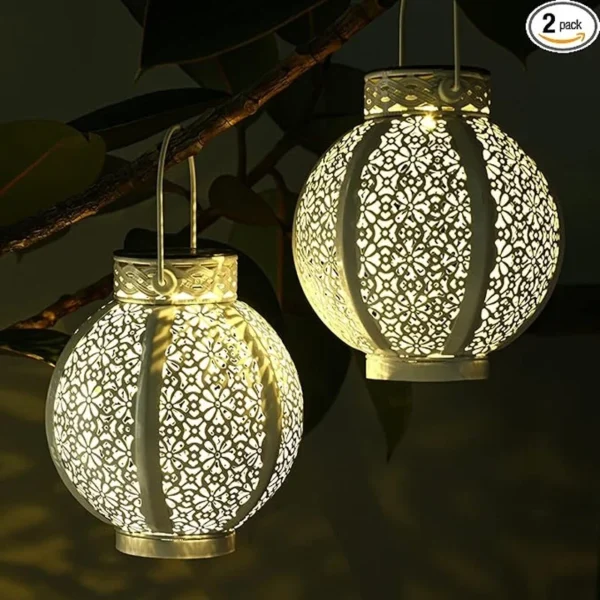 SM24670 Metal-iron White_Bronze Vintage Hollow-out Solar Hanging Lantern