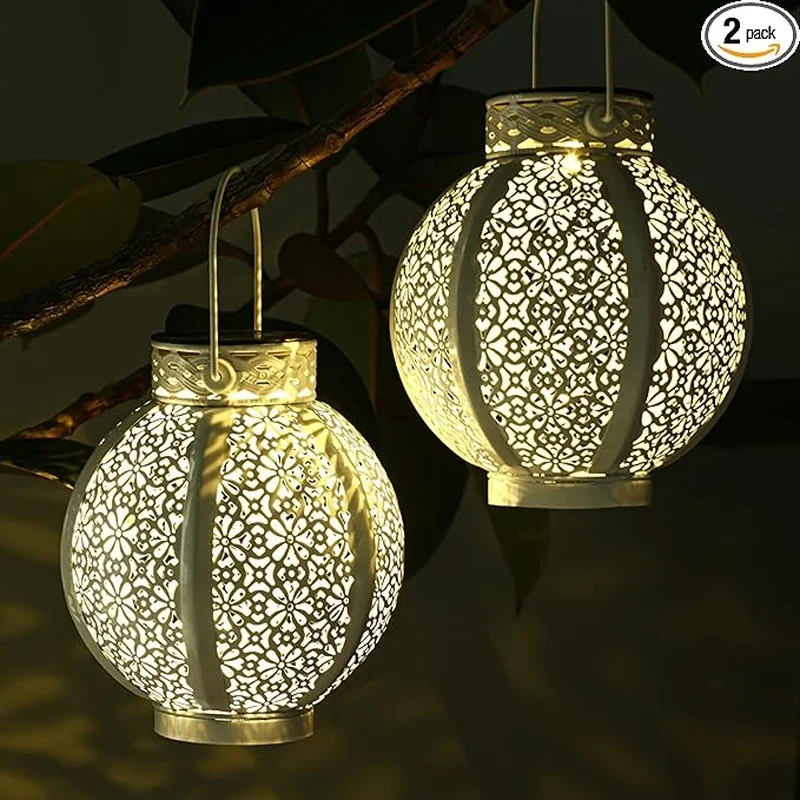 SM24670 Metal-iron White_Bronze Vintage Hollow-out Solar Hanging Lantern