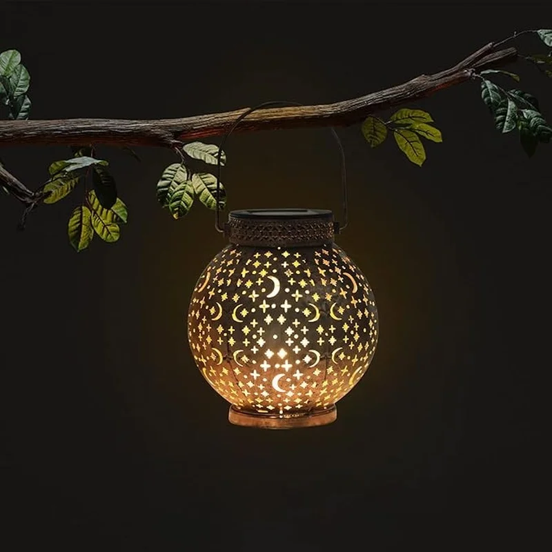 SM24671 Metal-iron Gold Moon Star Hollow-out Hanging Solar Lantern_5