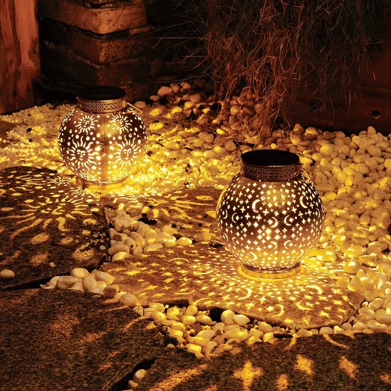 SM24671 Metal-iron Gold Moon Star Hollow-out Hanging Solar Lantern_7
